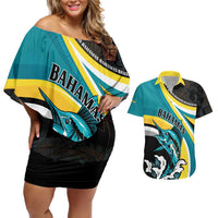 Personalised The Bahamas Blue Marlin Couples Matching Off Shoulder Short Dress and Hawaiian Shirt Bahamian Coat Of Arms