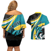 Personalised The Bahamas Blue Marlin Couples Matching Off Shoulder Short Dress and Hawaiian Shirt Bahamian Coat Of Arms