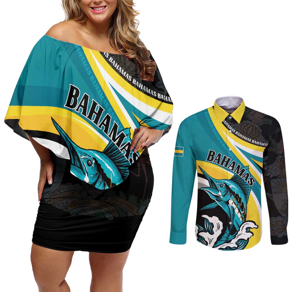 Personalised The Bahamas Blue Marlin Couples Matching Off Shoulder Short Dress and Long Sleeve Button Shirt Bahamian Coat Of Arms