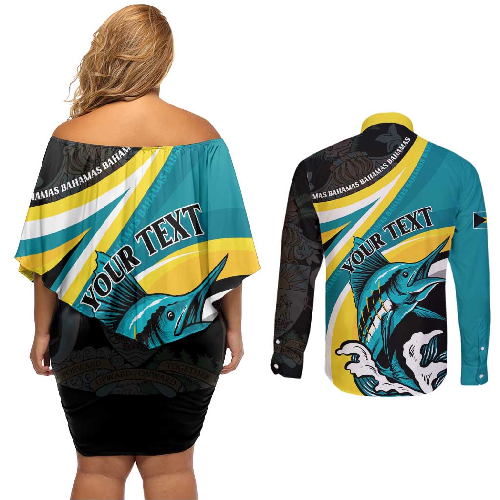 Personalised The Bahamas Blue Marlin Couples Matching Off Shoulder Short Dress and Long Sleeve Button Shirt Bahamian Coat Of Arms