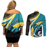 Personalised The Bahamas Blue Marlin Couples Matching Off Shoulder Short Dress and Long Sleeve Button Shirt Bahamian Coat Of Arms
