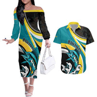 Personalised The Bahamas Blue Marlin Couples Matching Off The Shoulder Long Sleeve Dress and Hawaiian Shirt Bahamian Coat Of Arms