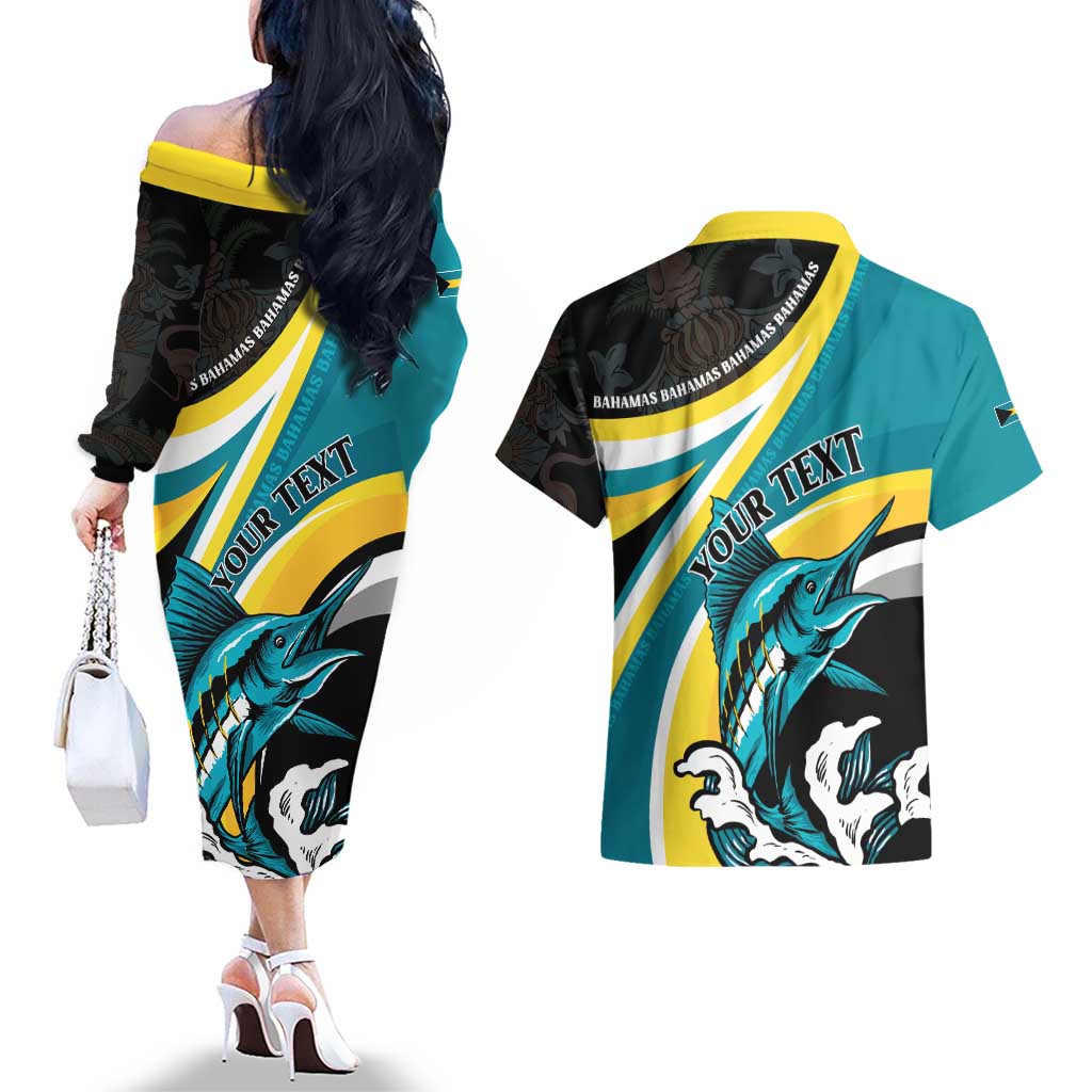 Personalised The Bahamas Blue Marlin Couples Matching Off The Shoulder Long Sleeve Dress and Hawaiian Shirt Bahamian Coat Of Arms