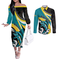 Personalised The Bahamas Blue Marlin Couples Matching Off The Shoulder Long Sleeve Dress and Long Sleeve Button Shirt Bahamian Coat Of Arms