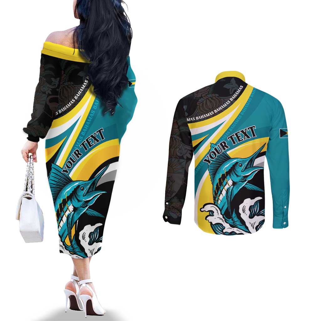 Personalised The Bahamas Blue Marlin Couples Matching Off The Shoulder Long Sleeve Dress and Long Sleeve Button Shirt Bahamian Coat Of Arms