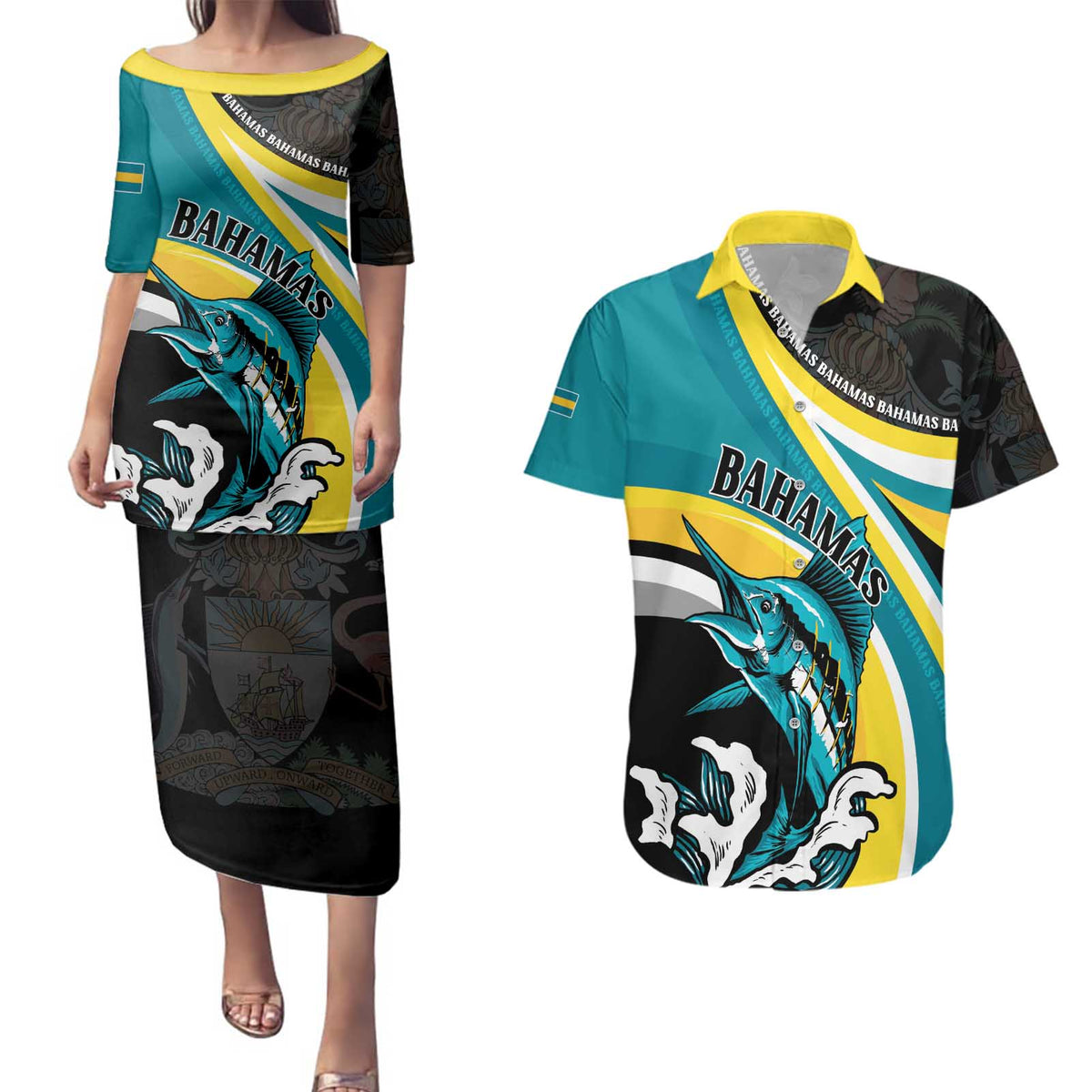 Personalised The Bahamas Blue Marlin Couples Matching Puletasi and Hawaiian Shirt Bahamian Coat Of Arms