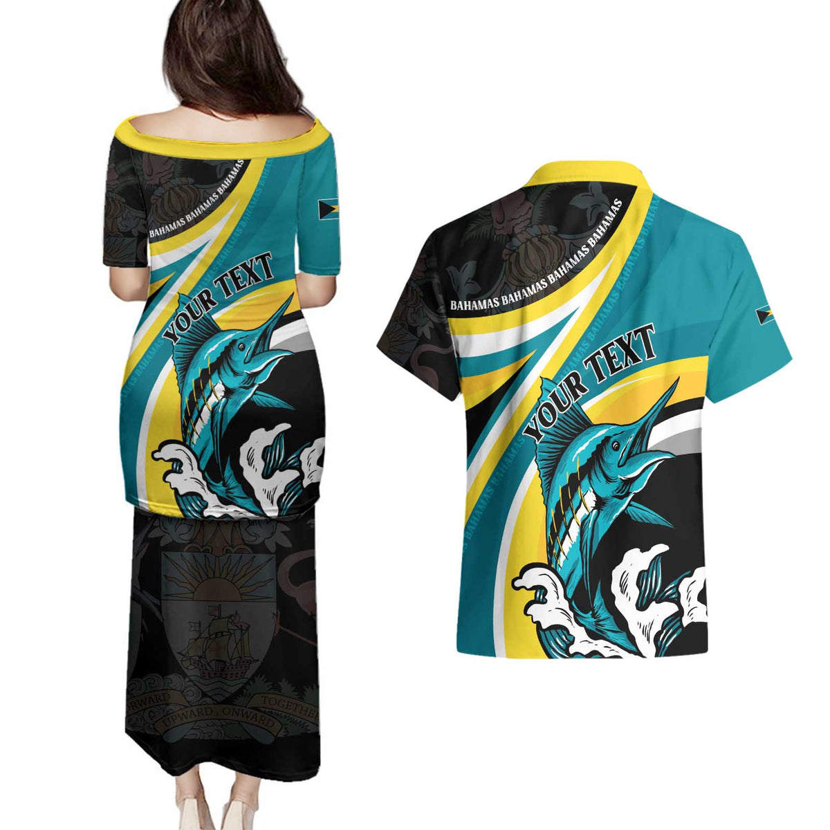Personalised The Bahamas Blue Marlin Couples Matching Puletasi and Hawaiian Shirt Bahamian Coat Of Arms