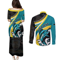 Personalised The Bahamas Blue Marlin Couples Matching Puletasi and Long Sleeve Button Shirt Bahamian Coat Of Arms