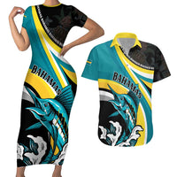 Personalised The Bahamas Blue Marlin Couples Matching Short Sleeve Bodycon Dress and Hawaiian Shirt Bahamian Coat Of Arms