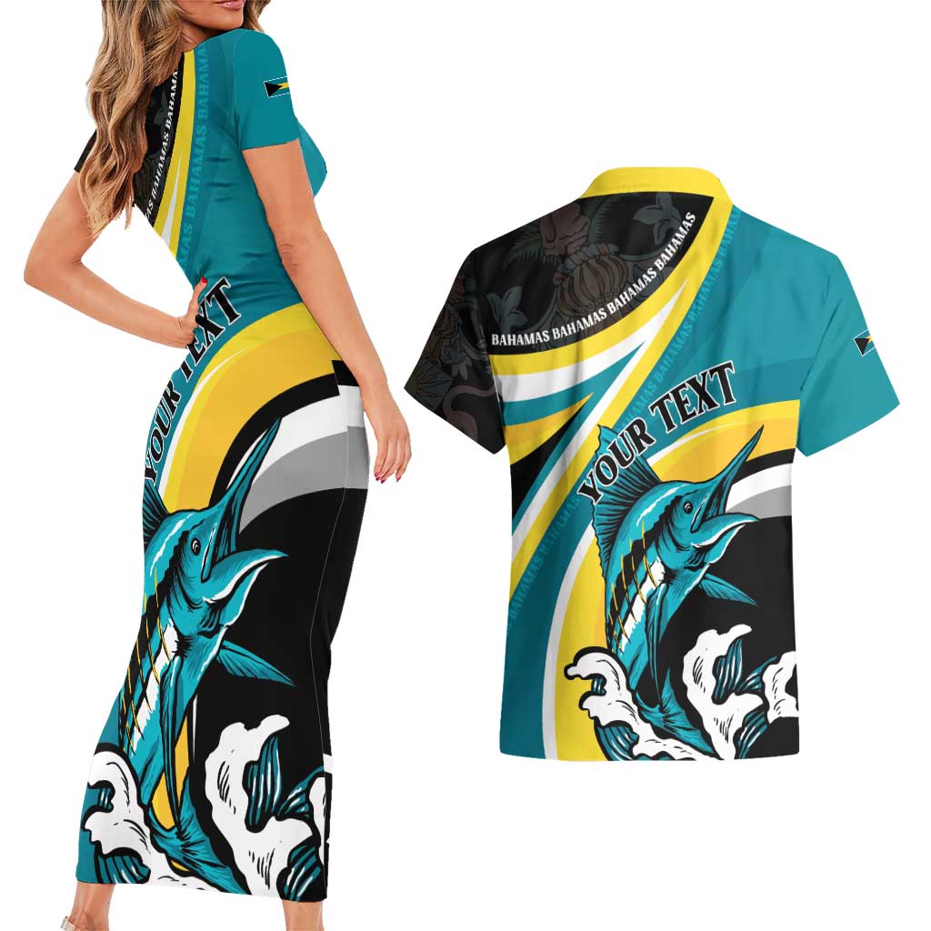 Personalised The Bahamas Blue Marlin Couples Matching Short Sleeve Bodycon Dress and Hawaiian Shirt Bahamian Coat Of Arms