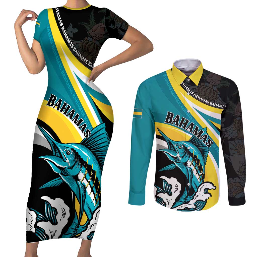 Personalised The Bahamas Blue Marlin Couples Matching Short Sleeve Bodycon Dress and Long Sleeve Button Shirt Bahamian Coat Of Arms