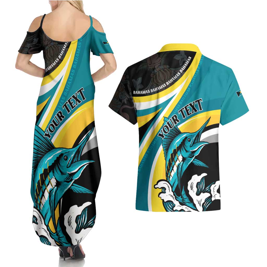 Personalised The Bahamas Blue Marlin Couples Matching Summer Maxi Dress and Hawaiian Shirt Bahamian Coat Of Arms