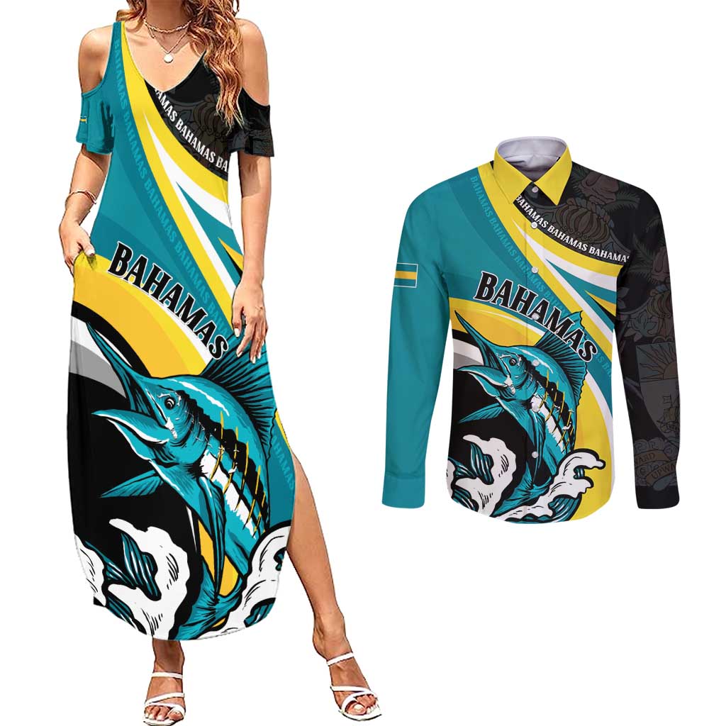 Personalised The Bahamas Blue Marlin Couples Matching Summer Maxi Dress and Long Sleeve Button Shirt Bahamian Coat Of Arms