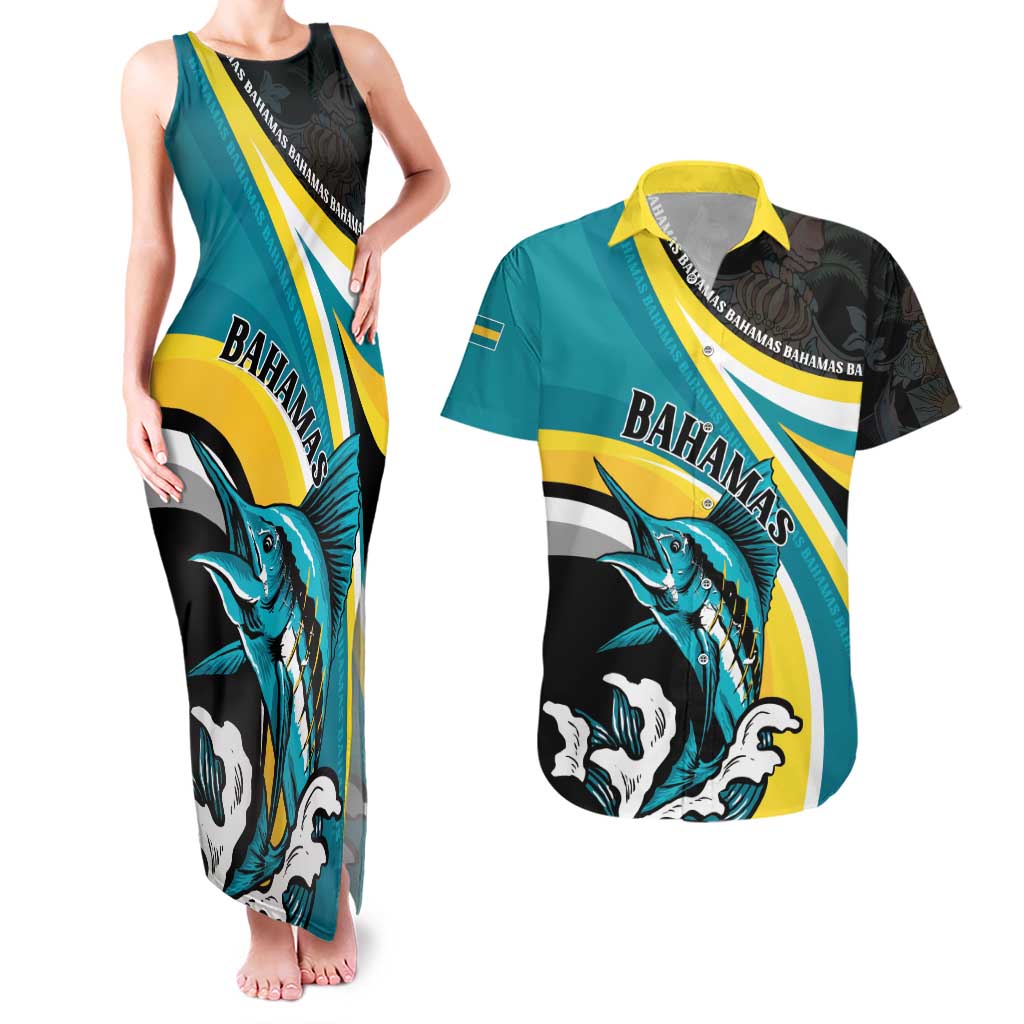 Personalised The Bahamas Blue Marlin Couples Matching Tank Maxi Dress and Hawaiian Shirt Bahamian Coat Of Arms
