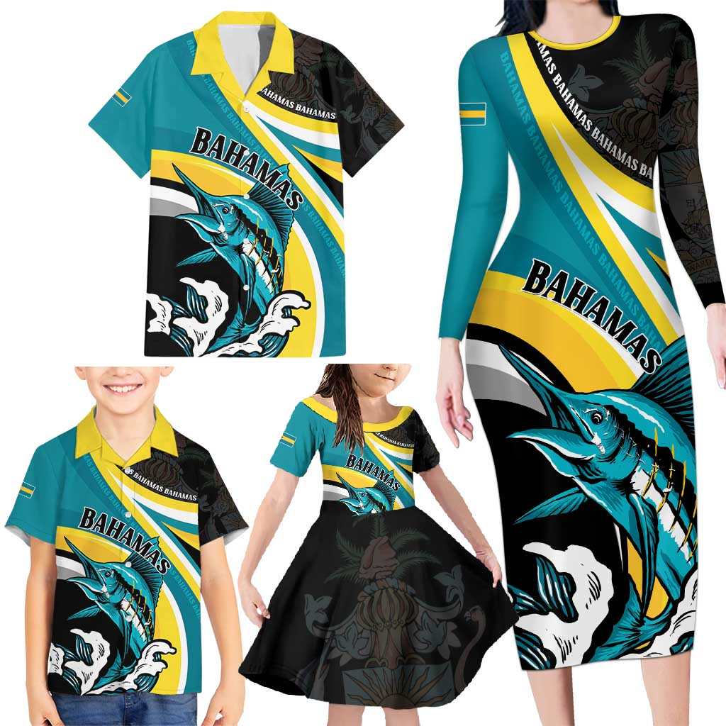 Personalised The Bahamas Blue Marlin Family Matching Long Sleeve Bodycon Dress and Hawaiian Shirt Bahamian Coat Of Arms