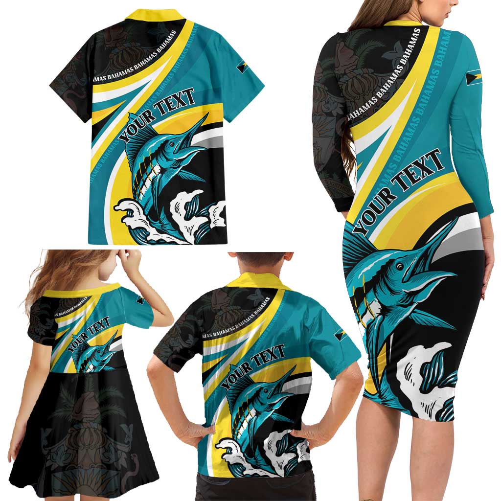 Personalised The Bahamas Blue Marlin Family Matching Long Sleeve Bodycon Dress and Hawaiian Shirt Bahamian Coat Of Arms