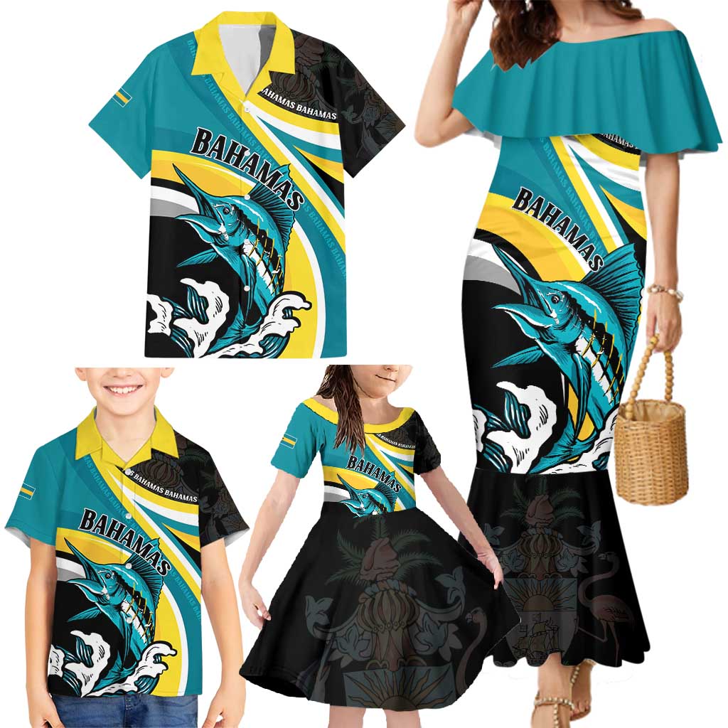 Personalised The Bahamas Blue Marlin Family Matching Mermaid Dress and Hawaiian Shirt Bahamian Coat Of Arms