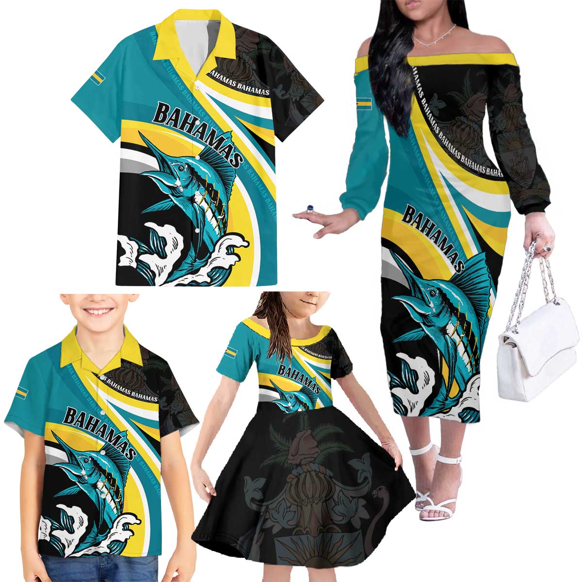 Personalised The Bahamas Blue Marlin Family Matching Off The Shoulder Long Sleeve Dress and Hawaiian Shirt Bahamian Coat Of Arms