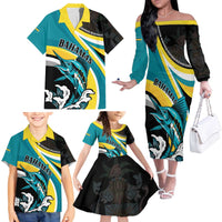 Personalised The Bahamas Blue Marlin Family Matching Off The Shoulder Long Sleeve Dress and Hawaiian Shirt Bahamian Coat Of Arms