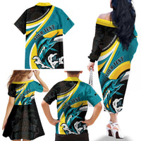 Personalised The Bahamas Blue Marlin Family Matching Off The Shoulder Long Sleeve Dress and Hawaiian Shirt Bahamian Coat Of Arms