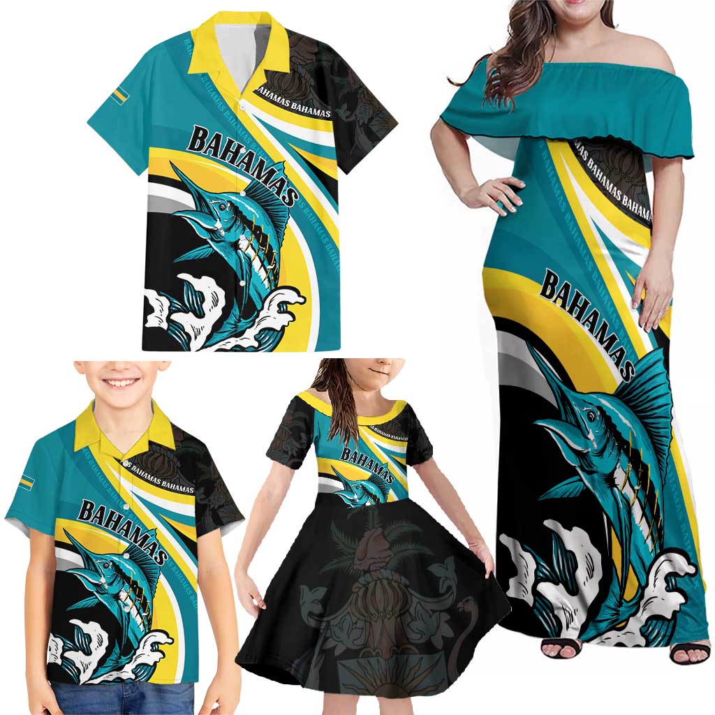 Personalised The Bahamas Blue Marlin Family Matching Off Shoulder Maxi Dress and Hawaiian Shirt Bahamian Coat Of Arms