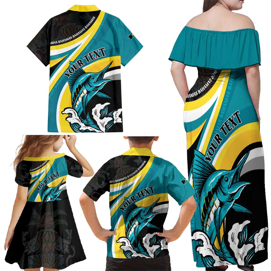 Personalised The Bahamas Blue Marlin Family Matching Off Shoulder Maxi Dress and Hawaiian Shirt Bahamian Coat Of Arms