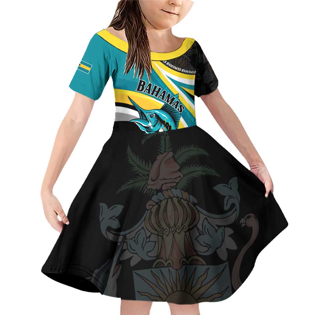 Personalised The Bahamas Blue Marlin Family Matching Off Shoulder Short Dress and Hawaiian Shirt Bahamian Coat Of Arms