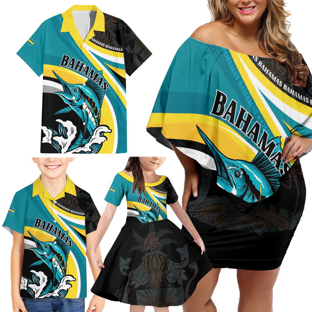 Personalised The Bahamas Blue Marlin Family Matching Off Shoulder Short Dress and Hawaiian Shirt Bahamian Coat Of Arms
