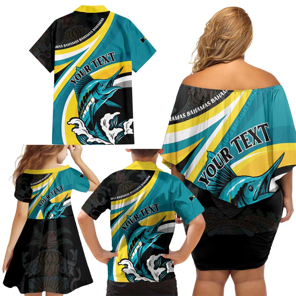 Personalised The Bahamas Blue Marlin Family Matching Off Shoulder Short Dress and Hawaiian Shirt Bahamian Coat Of Arms