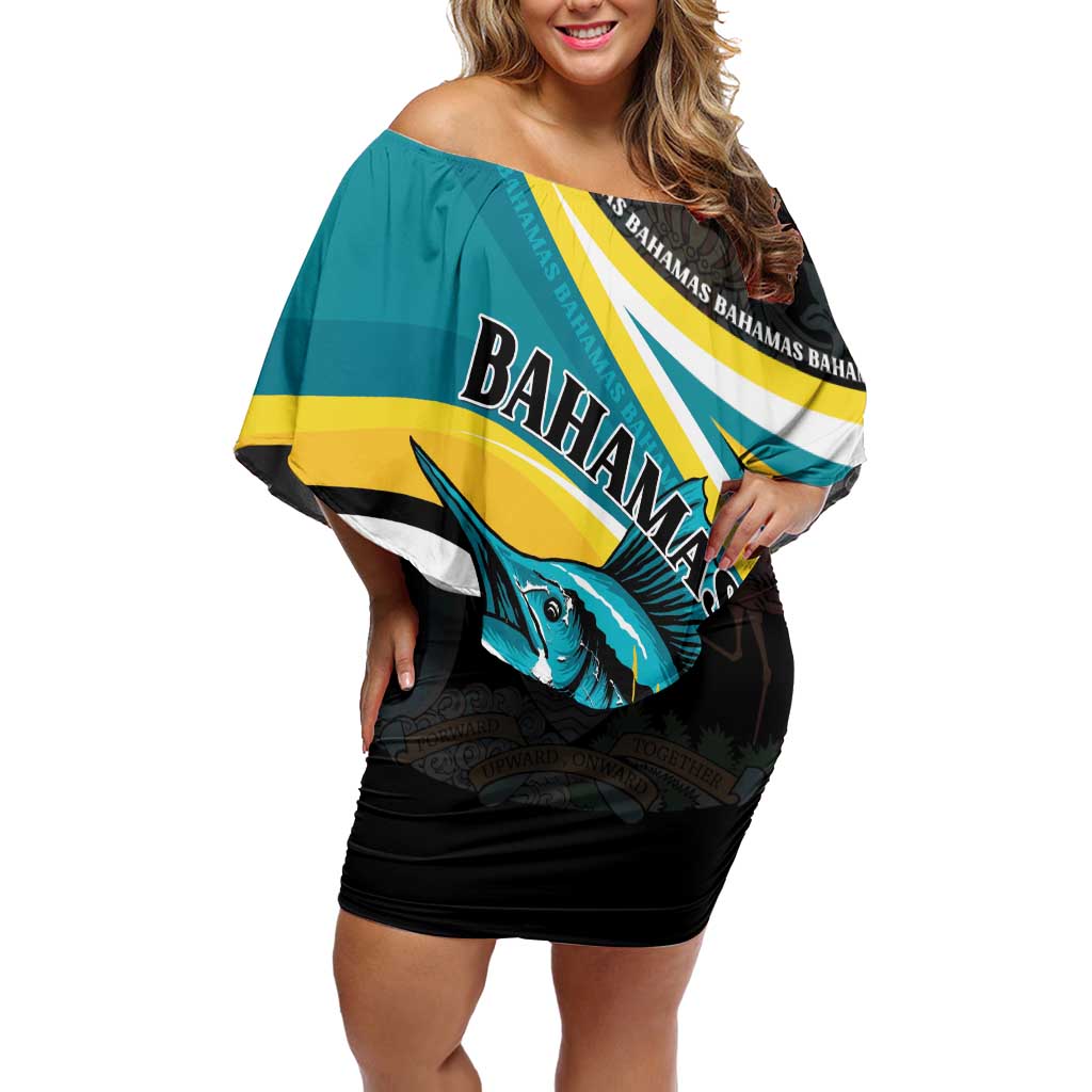 Personalised The Bahamas Blue Marlin Family Matching Off Shoulder Short Dress and Hawaiian Shirt Bahamian Coat Of Arms