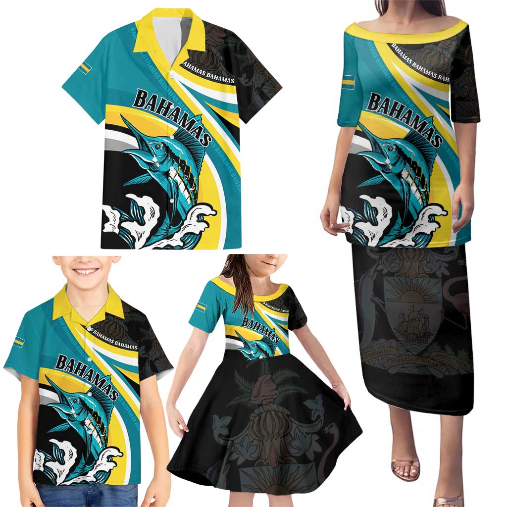 Personalised The Bahamas Blue Marlin Family Matching Puletasi and Hawaiian Shirt Bahamian Coat Of Arms