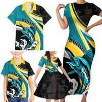 Personalised The Bahamas Blue Marlin Family Matching Short Sleeve Bodycon Dress and Hawaiian Shirt Bahamian Coat Of Arms