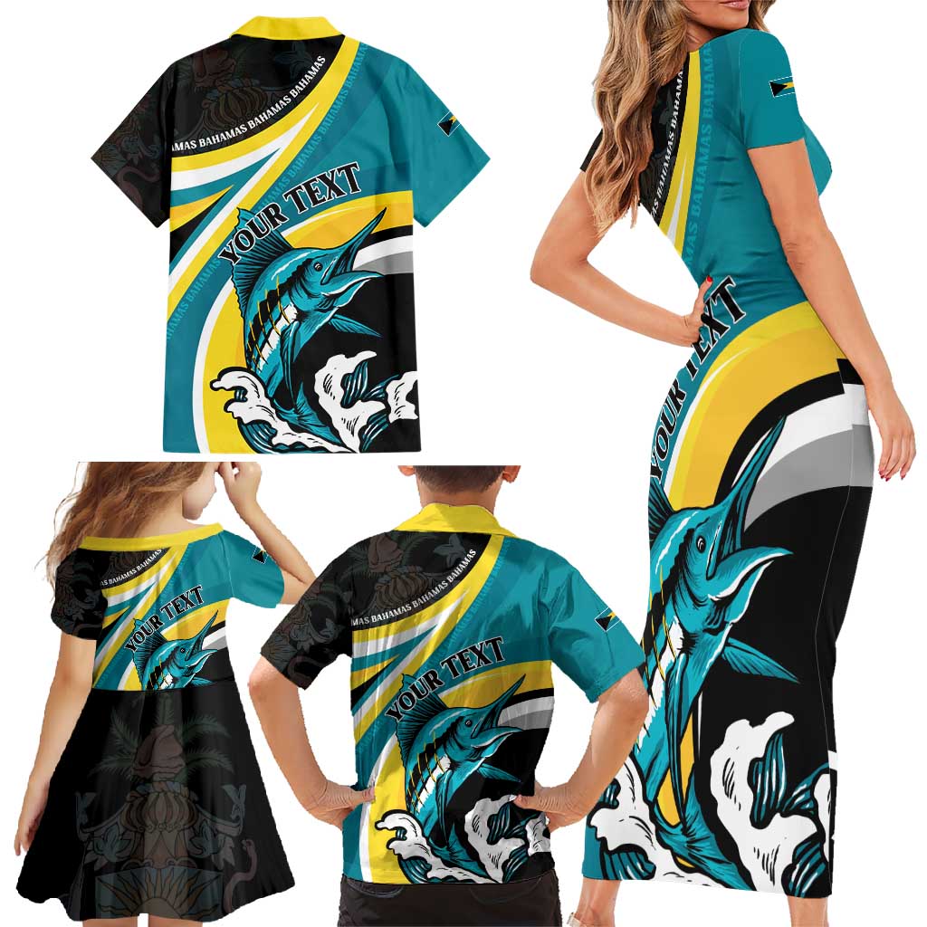 Personalised The Bahamas Blue Marlin Family Matching Short Sleeve Bodycon Dress and Hawaiian Shirt Bahamian Coat Of Arms