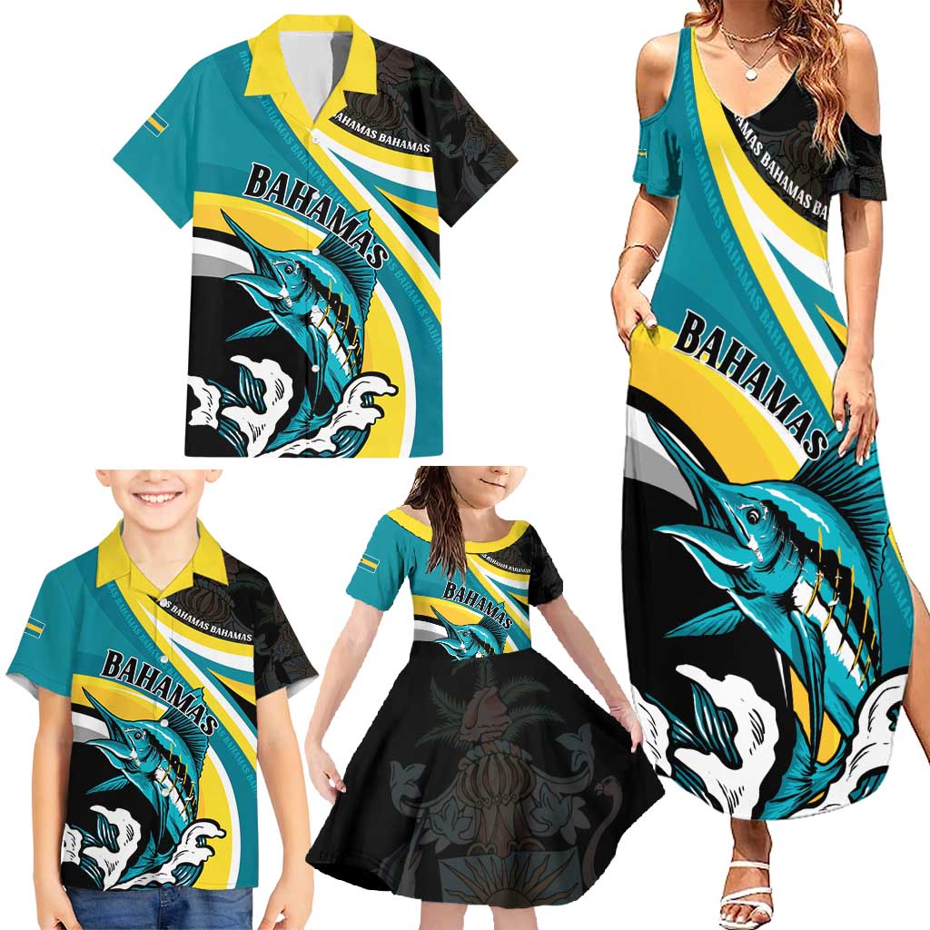 Personalised The Bahamas Blue Marlin Family Matching Summer Maxi Dress and Hawaiian Shirt Bahamian Coat Of Arms