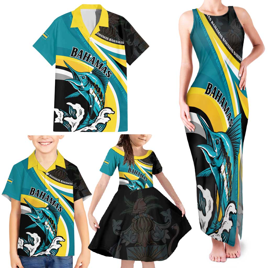 Personalised The Bahamas Blue Marlin Family Matching Tank Maxi Dress and Hawaiian Shirt Bahamian Coat Of Arms