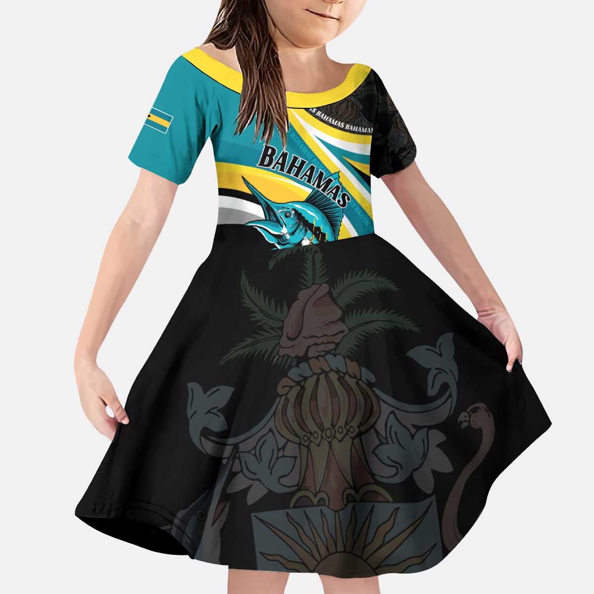 Personalised The Bahamas Blue Marlin Kid Short Sleeve Dress Bahamian Coat Of Arms