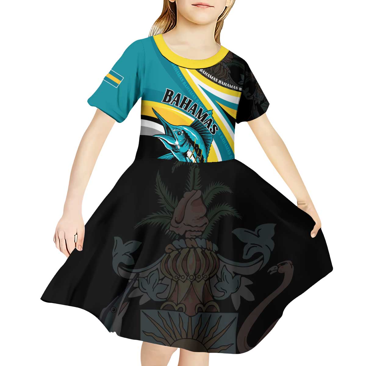 Personalised The Bahamas Blue Marlin Kid Short Sleeve Dress Bahamian Coat Of Arms