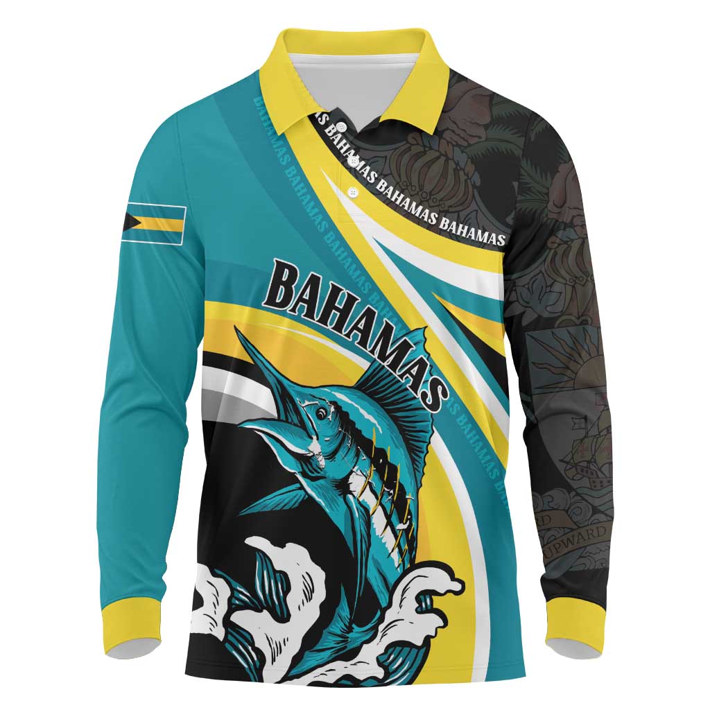 Personalised The Bahamas Blue Marlin Long Sleeve Polo Shirt Bahamian Coat Of Arms