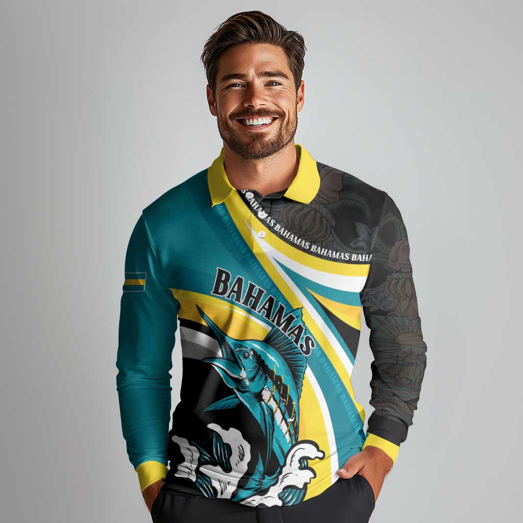 Personalised The Bahamas Blue Marlin Long Sleeve Polo Shirt Bahamian Coat Of Arms