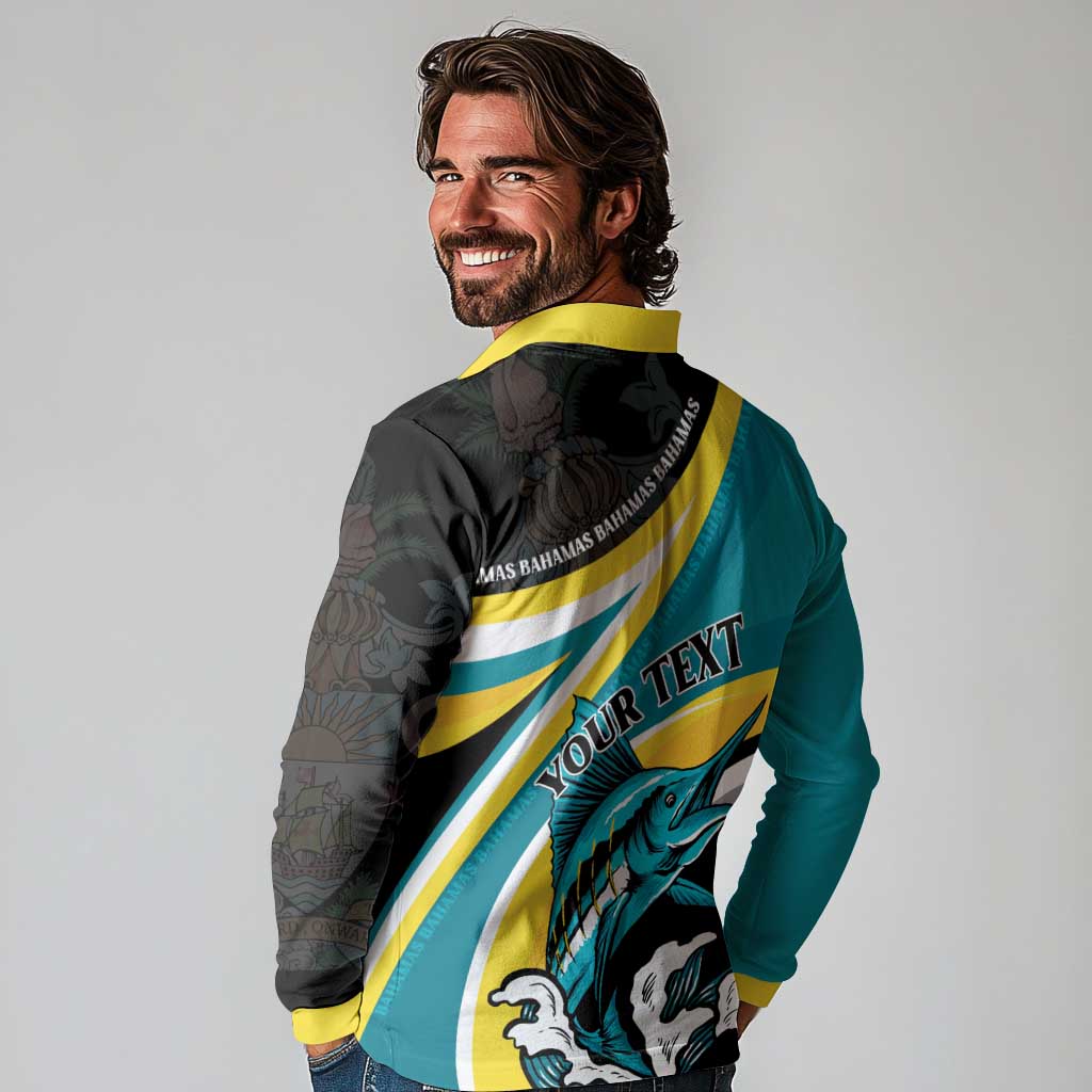 Personalised The Bahamas Blue Marlin Long Sleeve Polo Shirt Bahamian Coat Of Arms