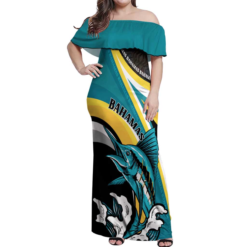 Personalised The Bahamas Blue Marlin Off Shoulder Maxi Dress Bahamian Coat Of Arms
