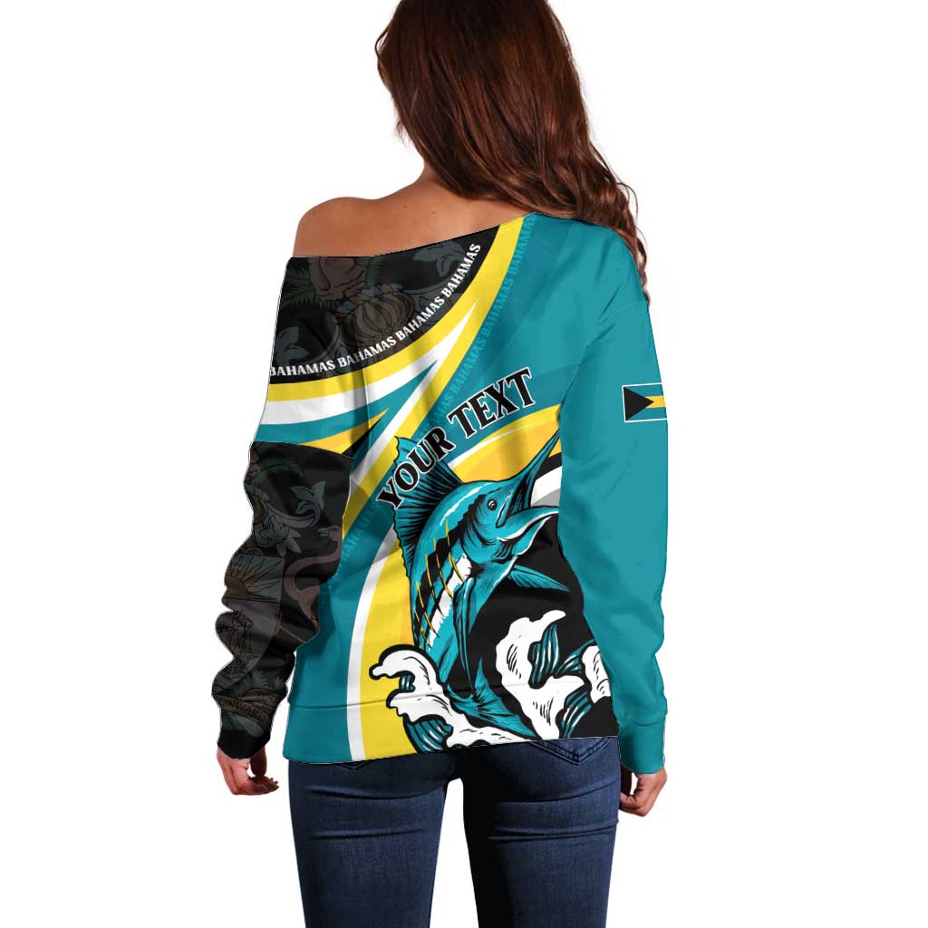 Personalised The Bahamas Blue Marlin Off Shoulder Sweater Bahamian Coat Of Arms