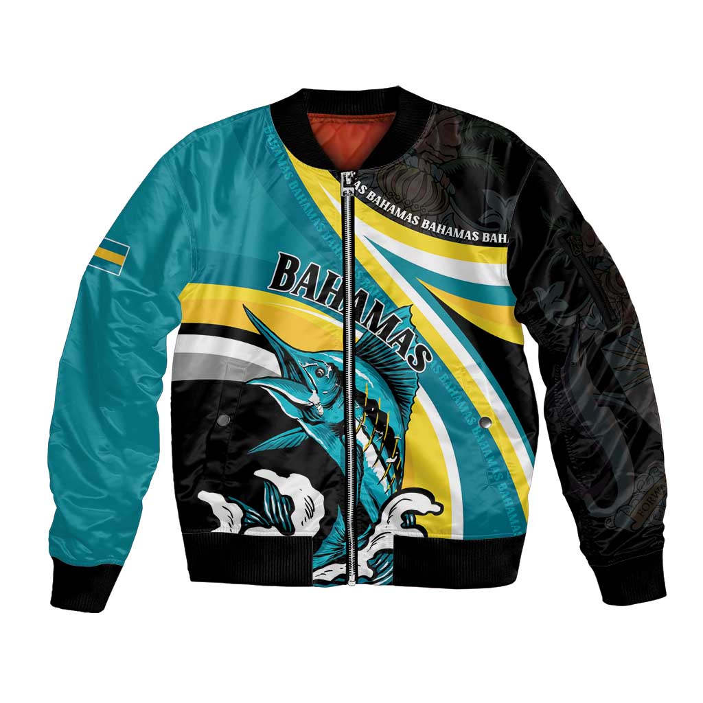 Personalised The Bahamas Blue Marlin Sleeve Zip Bomber Jacket Bahamian Coat Of Arms