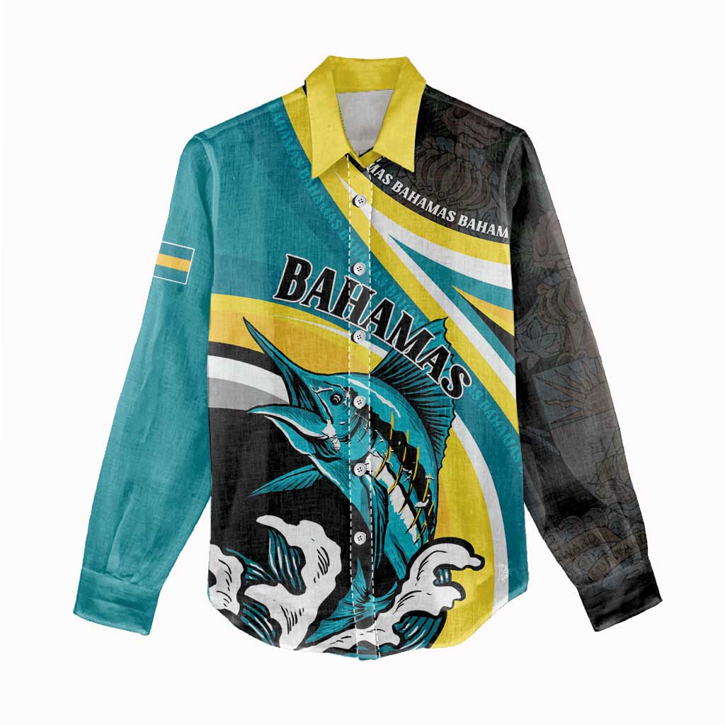 Personalised The Bahamas Blue Marlin Women Casual Shirt Bahamian Coat Of Arms