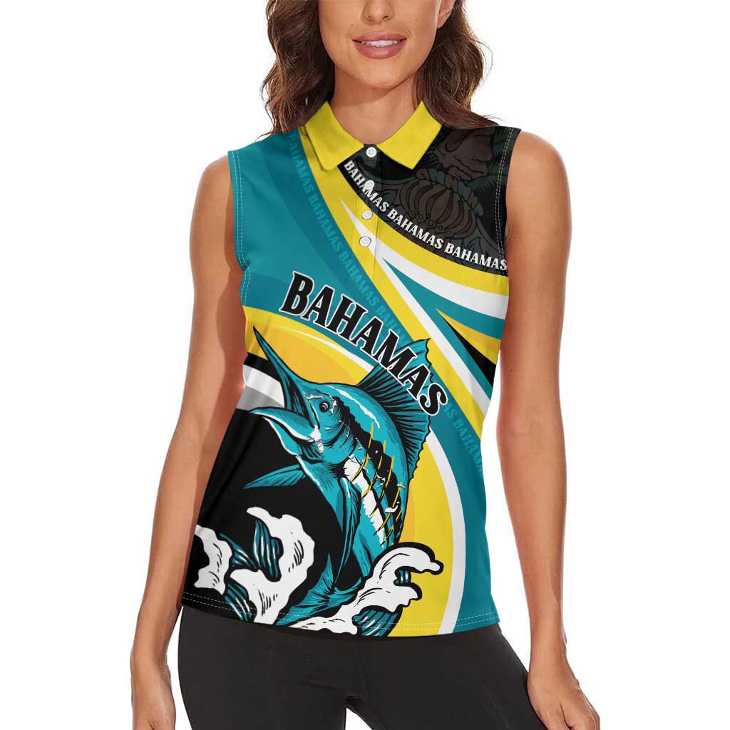 Personalised The Bahamas Blue Marlin Women Sleeveless Polo Shirt Bahamian Coat Of Arms
