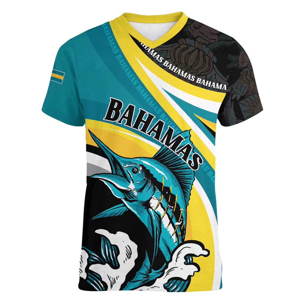 Personalised The Bahamas Blue Marlin Women V-Neck T-Shirt Bahamian Coat Of Arms