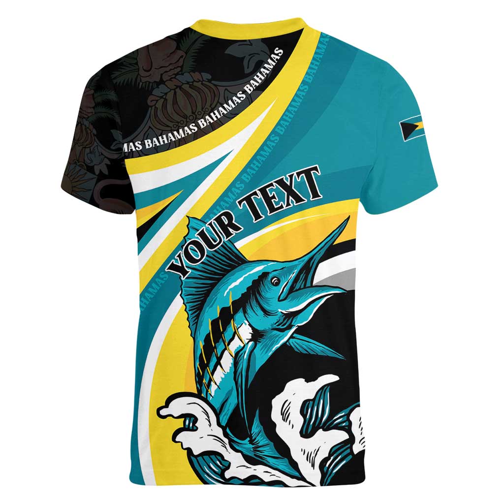 Personalised The Bahamas Blue Marlin Women V-Neck T-Shirt Bahamian Coat Of Arms