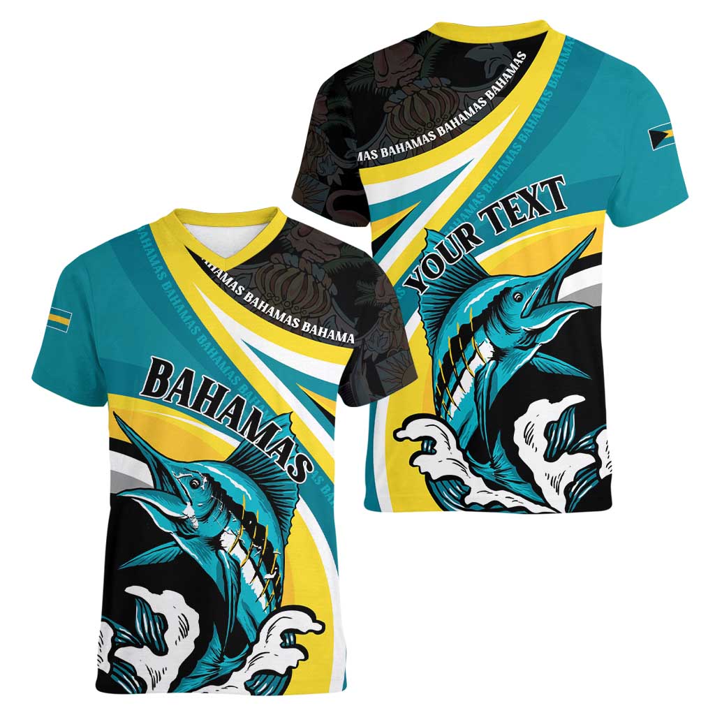 Personalised The Bahamas Blue Marlin Women V-Neck T-Shirt Bahamian Coat Of Arms