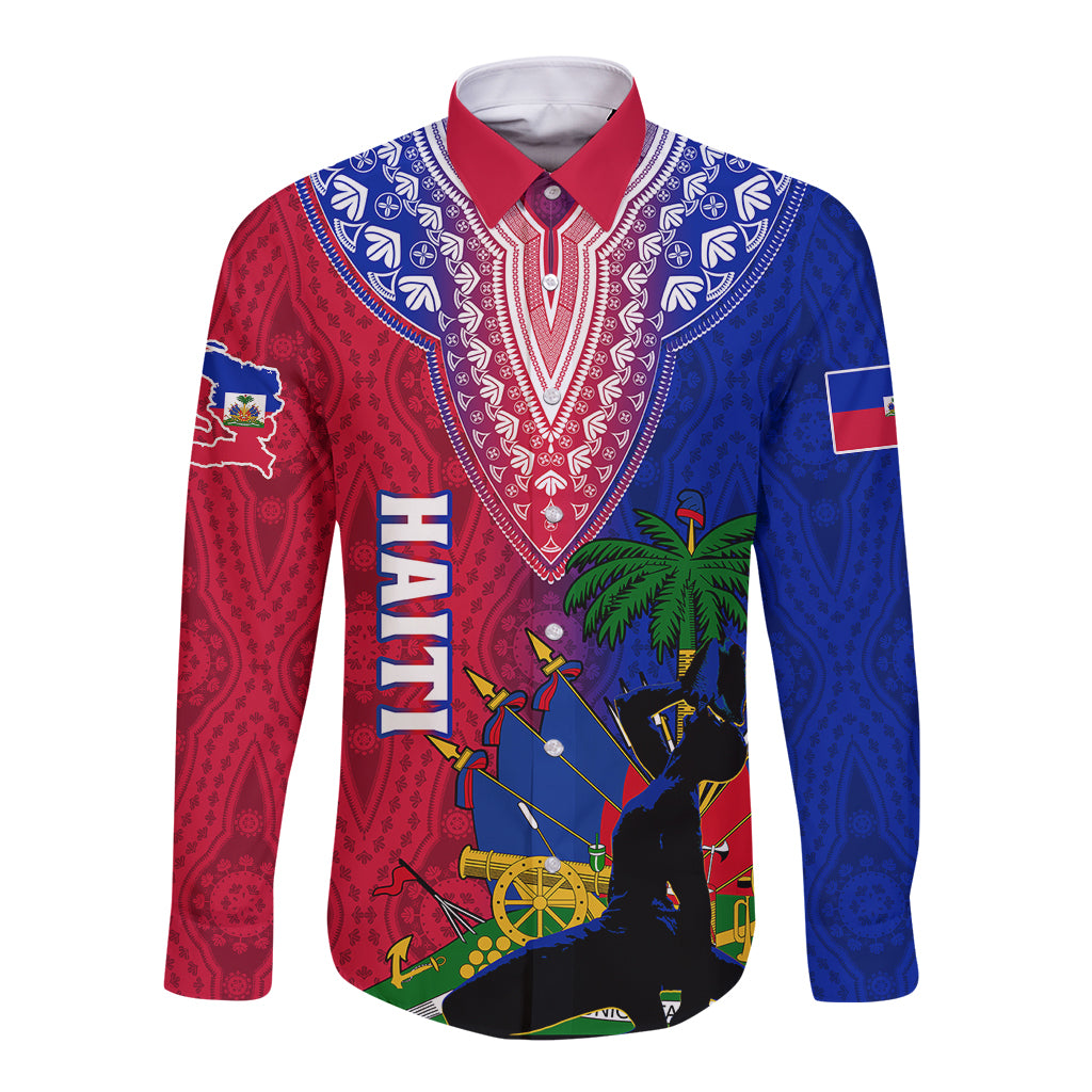 Personalised Haiti Long Sleeve Button Shirt Ayiti Neg Maron With Dashiki Royal - Wonder Print Shop