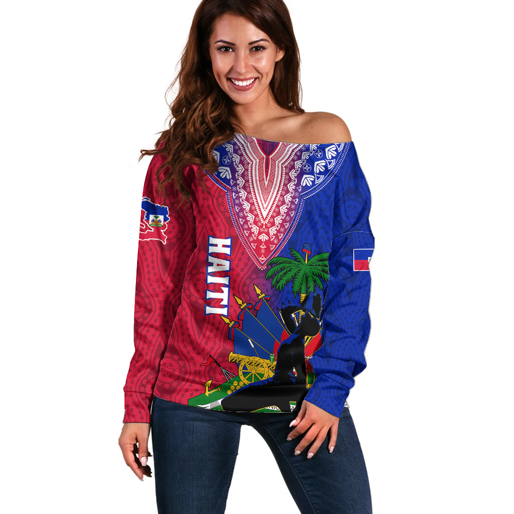Personalised Haiti Off Shoulder Sweater Ayiti Neg Maron With Dashiki Royal - Wonder Print Shop